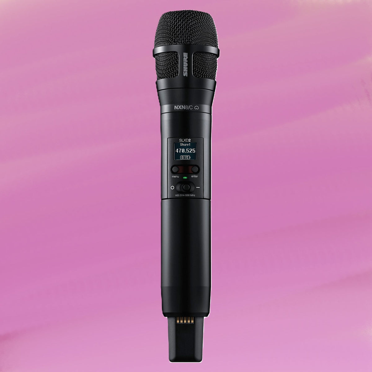 Front view of Shure Nexadyne 8 Microphone Capsule for Wireless Transmitters Cardioid Black mounted on SLXD2 on pink background