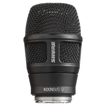 Front view of Shure Nexadyne 8 Microphone Capsule for Wireless Transmitters Supercardioid Black on white background