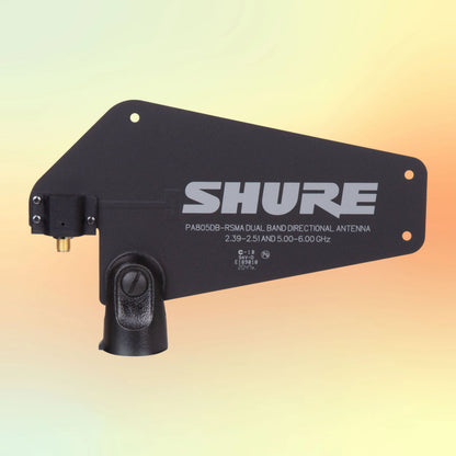 Side view of Shure PA805DB-RSMA Passive Dual Band Directional Antenna on yellow and orange gradient background