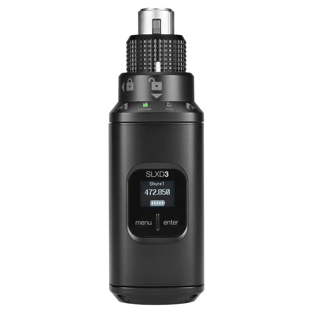 Front view of Shure SLXD3 Digital Plug-On XLR Transmitter on white background