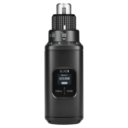 Front view of Shure SLXD3 Digital Plug-On XLR Transmitter on white background