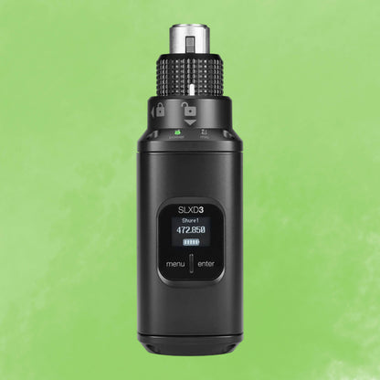 Front view of Shure SLXD3 Digital Plug-On XLR Transmitter on green background