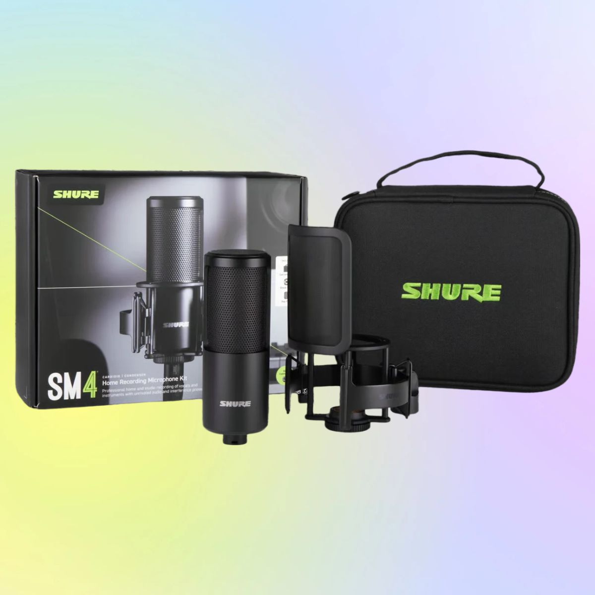 Inclusions of Shure SM4 Home Recording Microphone Kit on multicolored background