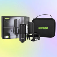 Inclusions of Shure SM4 Home Recording Microphone Kit on multicolored background