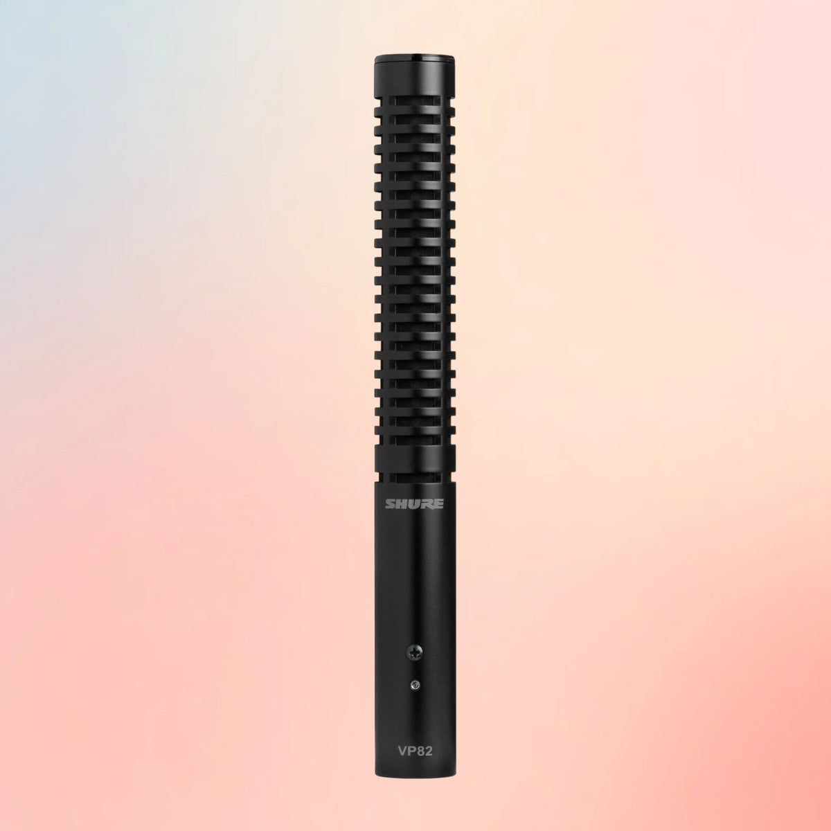 Front view of Shure VP82 Short Shotgun Microphone on pink gradient background