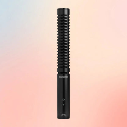 Front view of Shure VP82 Short Shotgun Microphone on pink gradient background