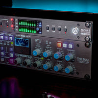 Angled close up view of Solid State Logic ALPHA 8 AD/DA Converter and USB Audio Interface on top of rackmount effect in studio rack