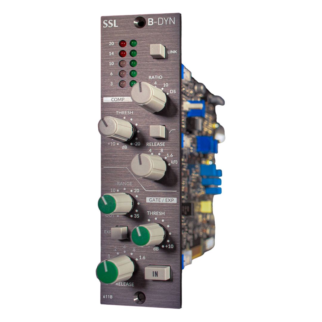 Angled front view of Solid State Logic B-DYN 500 Series Module on white background