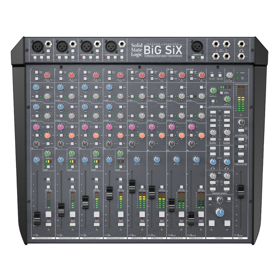 Front view of Solid State Logic BiG SiX Analog Mixer and USB Audio Interface on white background