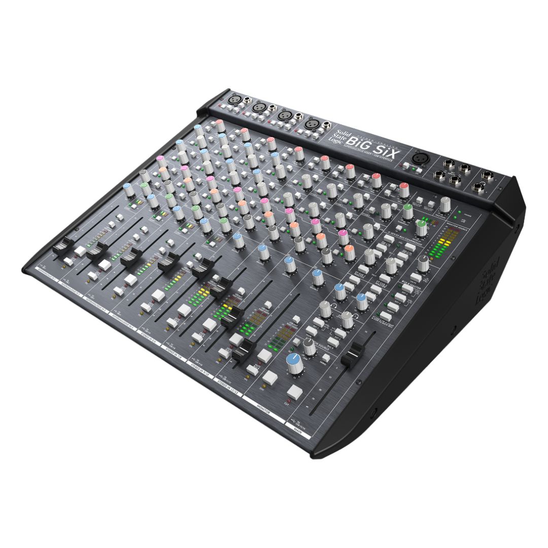 Angled view of Solid State Logic BiG SiX Analog Mixer and USB Audio Interface on white background