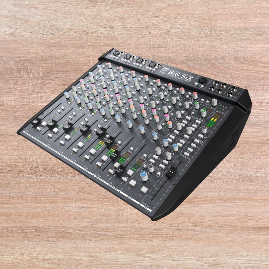 Angled view of Solid State Logic BiG SiX Analog Mixer and USB Audio Interface on wooden background