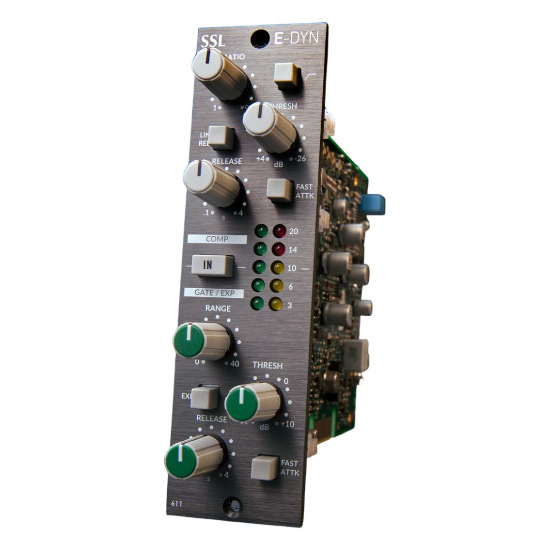Angled front view of Solid State Logic E-Series Dynamics Module 500 Series on white background