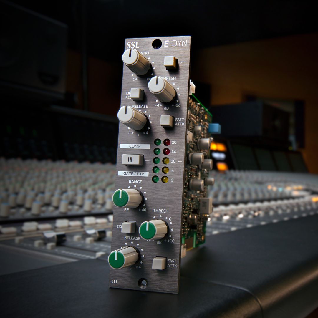 Angled front view of Solid State Logic E-Series Dynamics Module 500 Series on studio console