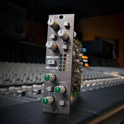 Angled front view of Solid State Logic E-Series Dynamics Module 500 Series on studio console