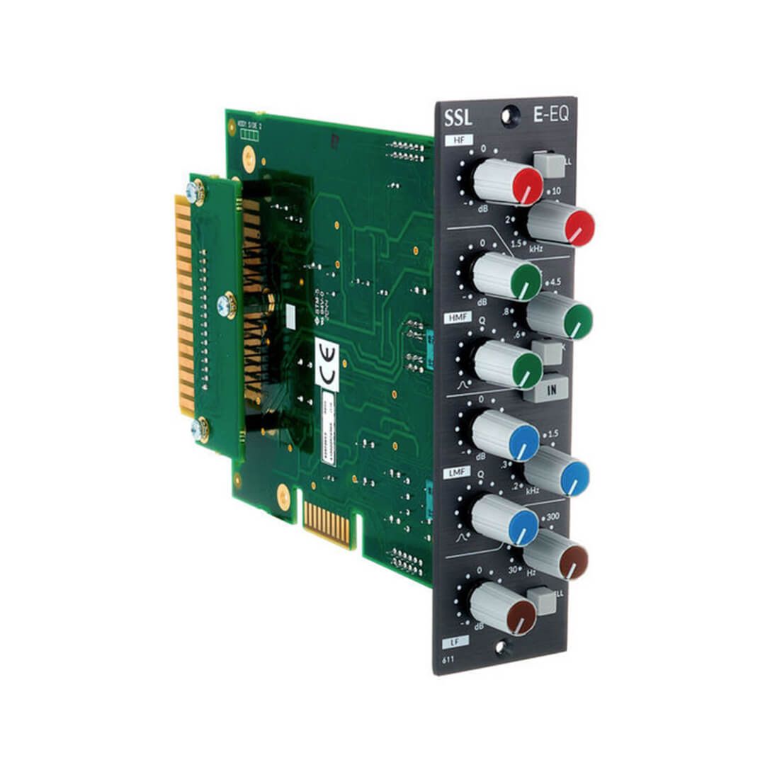 Angled view of Solid State Logic E-Series EQ Module 500 Series on white background