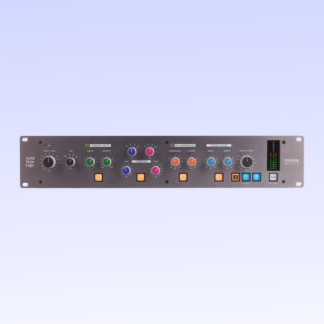 Front view of Solid State Logic Fusion Analog Stereo Outboard Processor on purple background