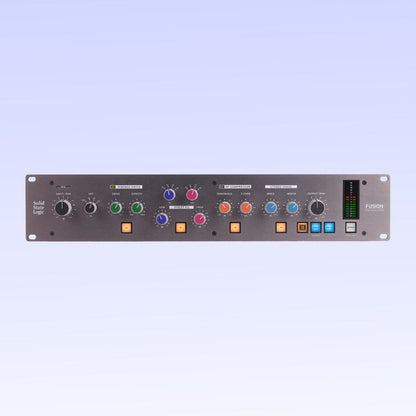 Front view of Solid State Logic Fusion Analog Stereo Outboard Processor on purple background
