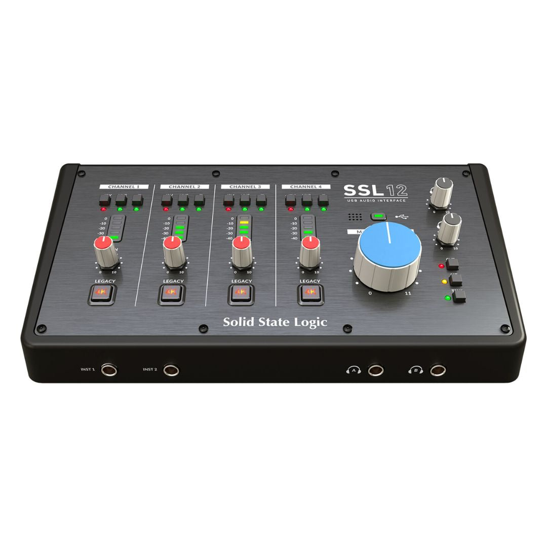 Front jacks view of Solid State Logic SSL 12 USB Audio Interface on white background