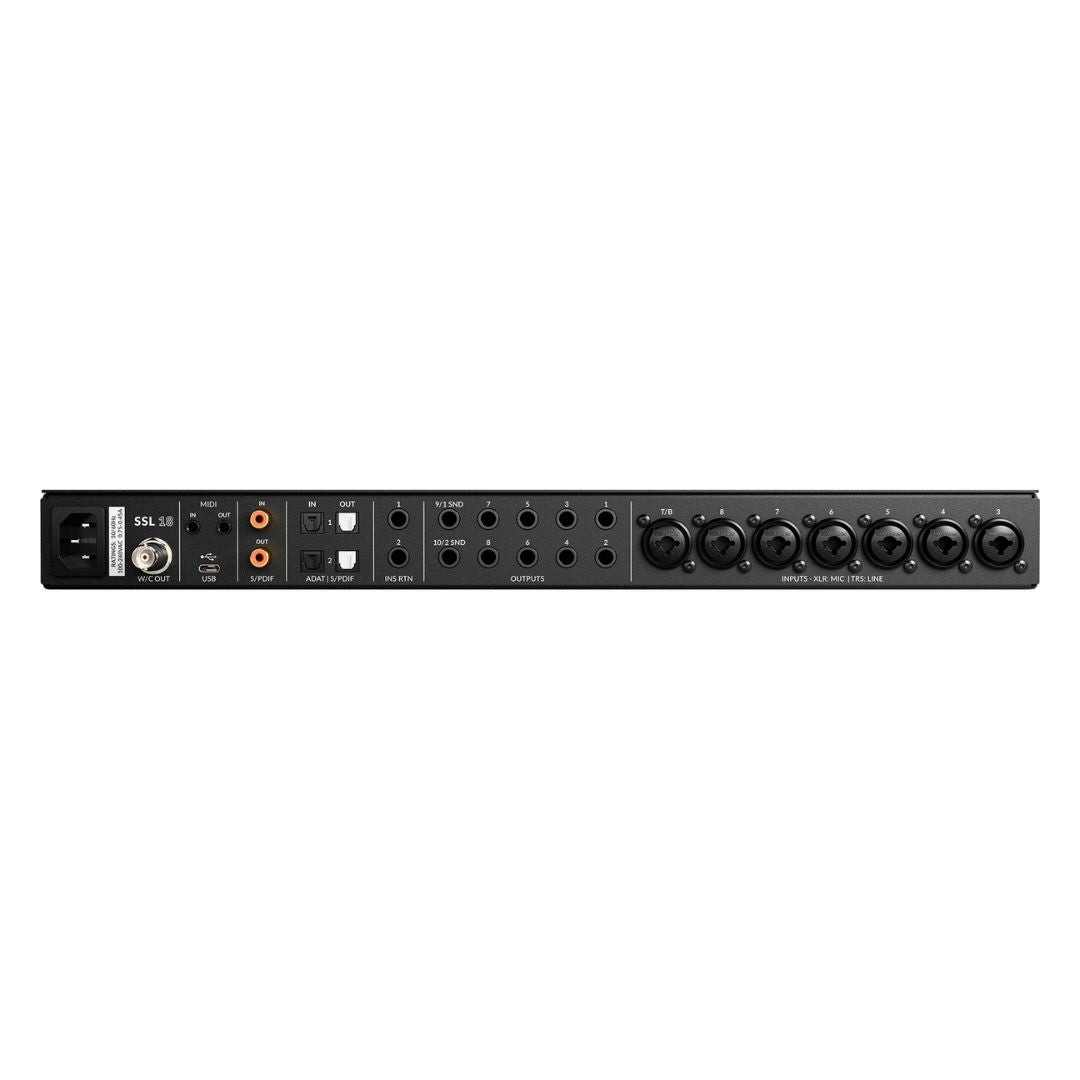 Rear view of Solid State Logic SSL 18 USB Audio Interface on white background