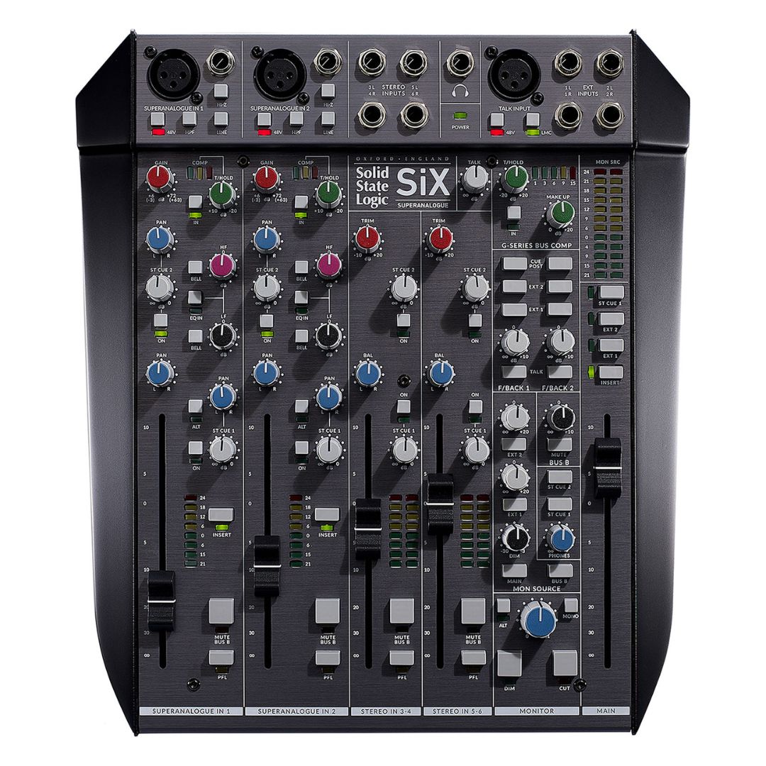 Front view of Solid State Logic SiX Desktop Analog Mixer on white background
