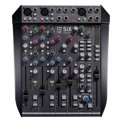 Front view of Solid State Logic SiX Desktop Analog Mixer on white background
