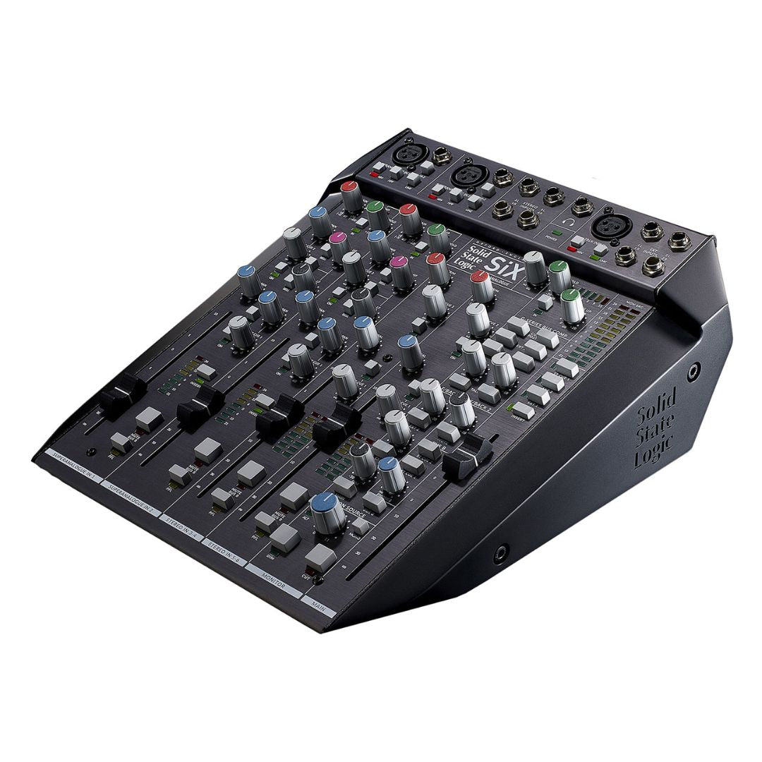 Angled view of Solid State Logic SiX Desktop Analog Mixer on white background