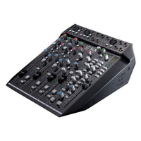 Angled view of Solid State Logic SiX Desktop Analog Mixer on white background