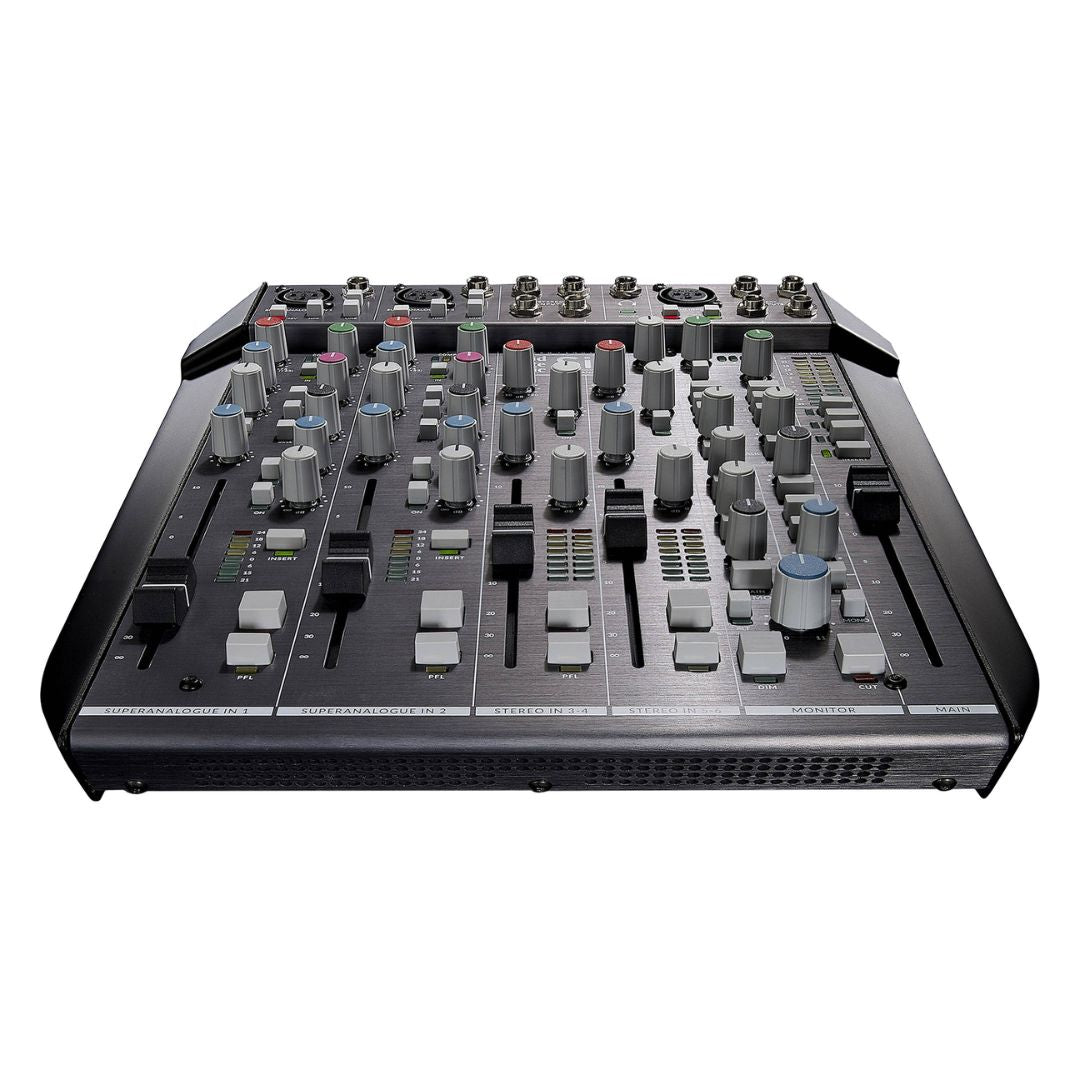 Angled front view of Solid State Logic SiX Desktop Analog Mixer on white background