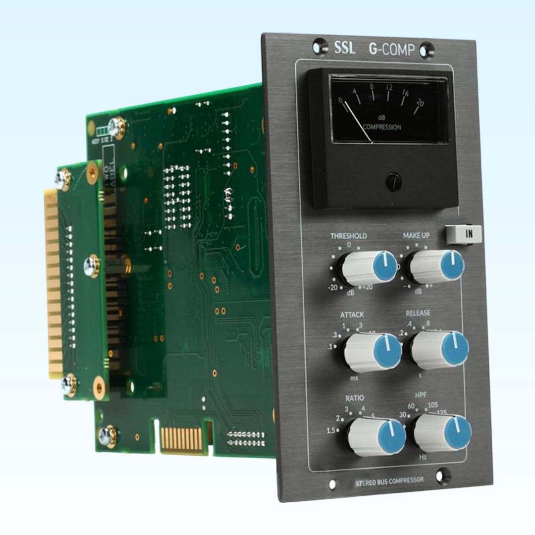 Angled view of Solid State Logic Stereo Bus Compressor Module 500 Series on blue background
