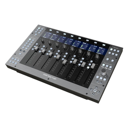 Angled front view of Solid State Logic UF8 Advanced DAW Controller on white background