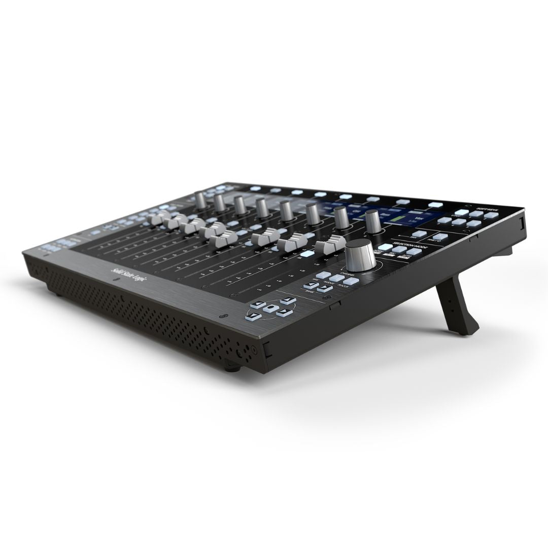 Angled view of Solid State Logic UF8 Advanced DAW Controller on white background