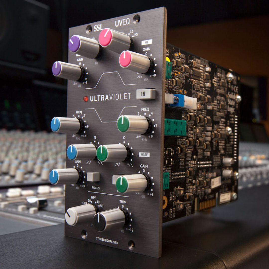 Angled front view of Solid State Logic UV EQ Module 500 Series on studio console