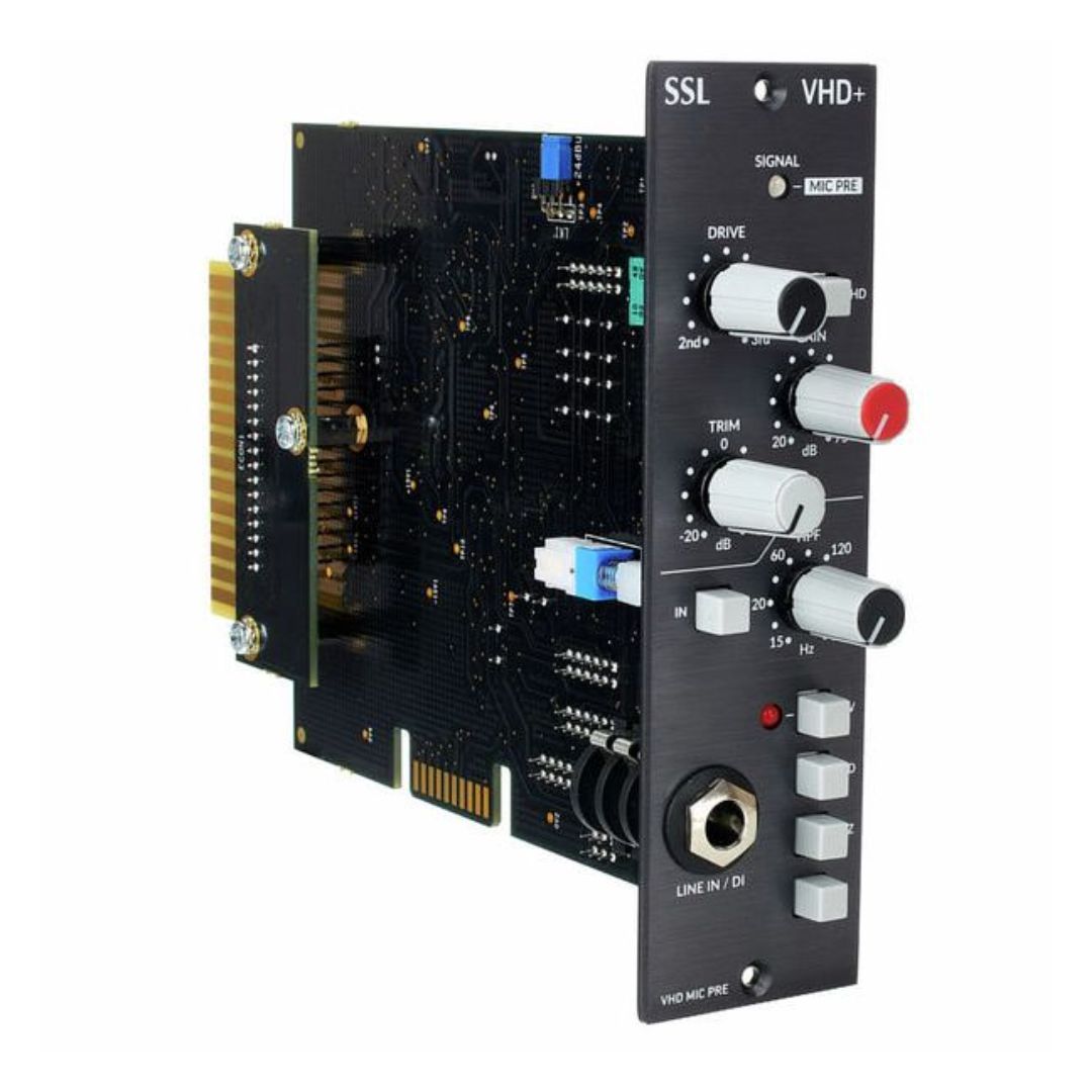 Angled view of Solid State Logic VHD+ Pre Module 500 Series on white background