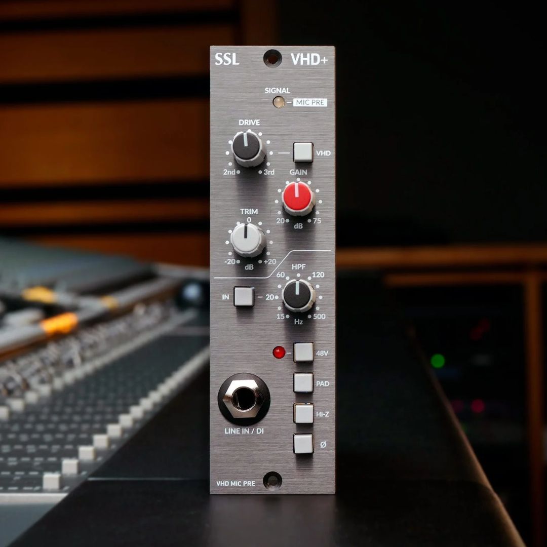 Front view of Solid State Logic VHD+ Pre Module 500 Series on mixing console in studio