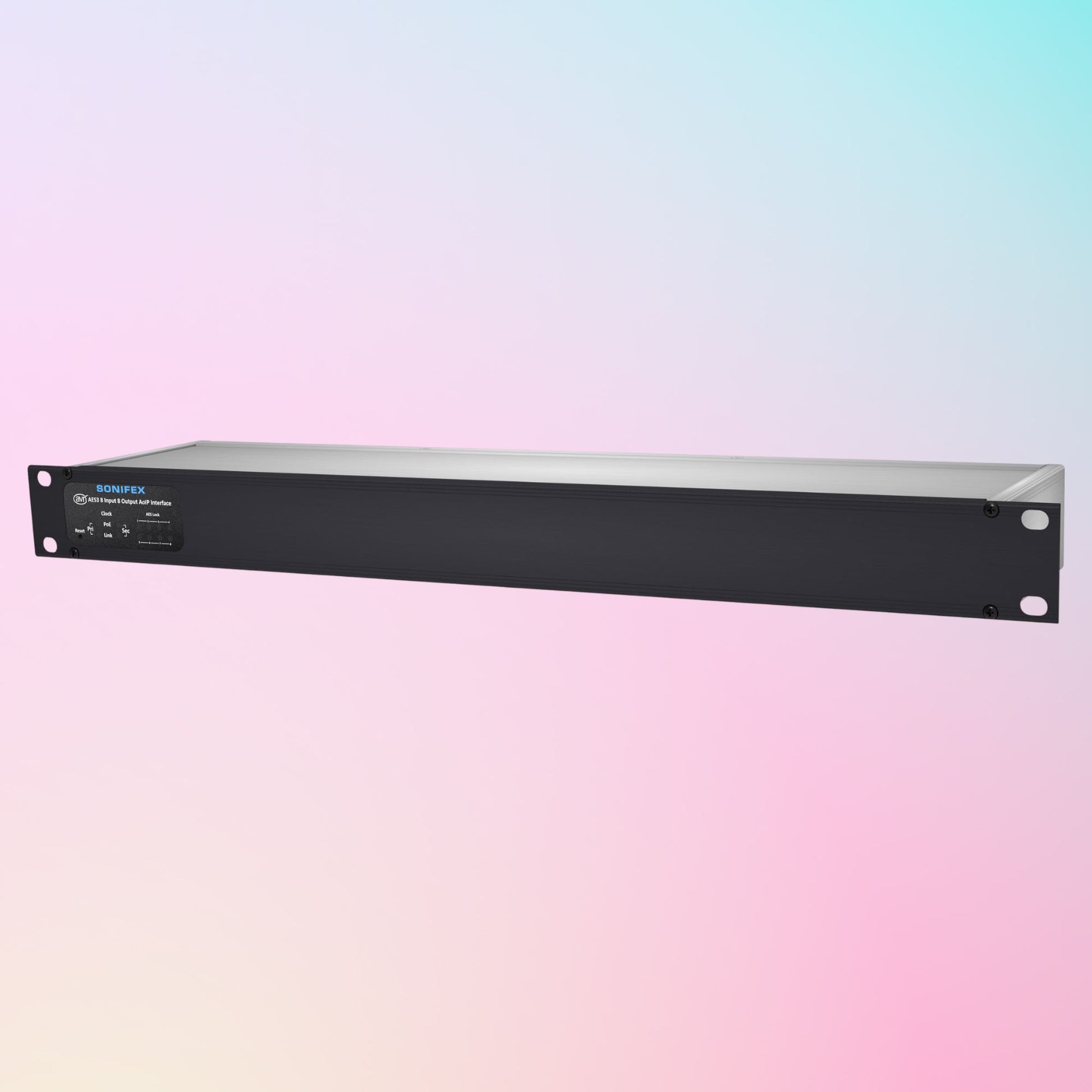 Angled front view of Sonifex AVN-AESIO8-DNT 8-AES3 I/O XLR Dante Interface on pink gradient background