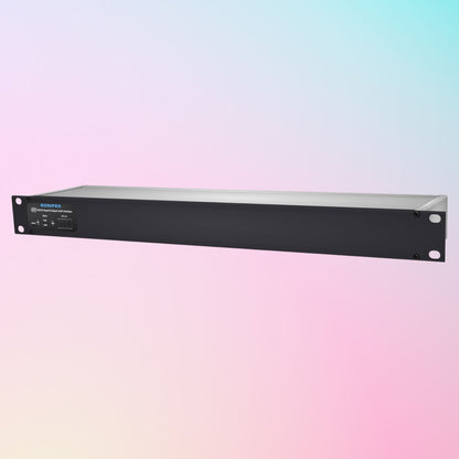 Angled front view of Sonifex AVN-AESIO8-DNT 8-AES3 I/O XLR Dante Interface on pink gradient background