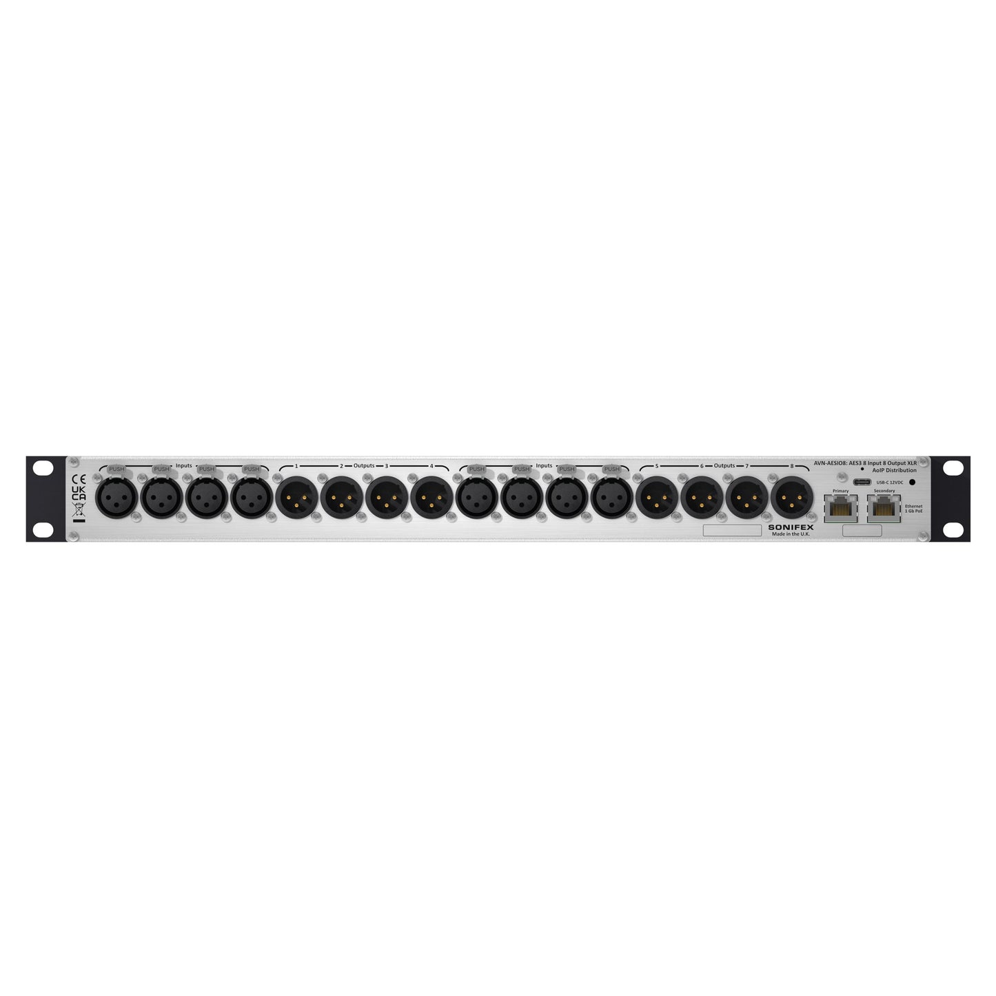 Rear ports view of Sonifex AVN-AESIO8-DNT 8-AES3 I/O XLR Dante Interface on white background
