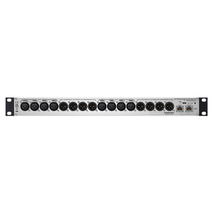 Rear ports view of Sonifex AVN-AESIO8-DNT 8-AES3 I/O XLR Dante Interface on white background
