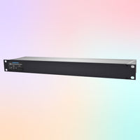 Angled front view of Sonifex AVN-AESIO8-RAV 8-AES3 I/O XLR RAVENNA Interface on multicolor background