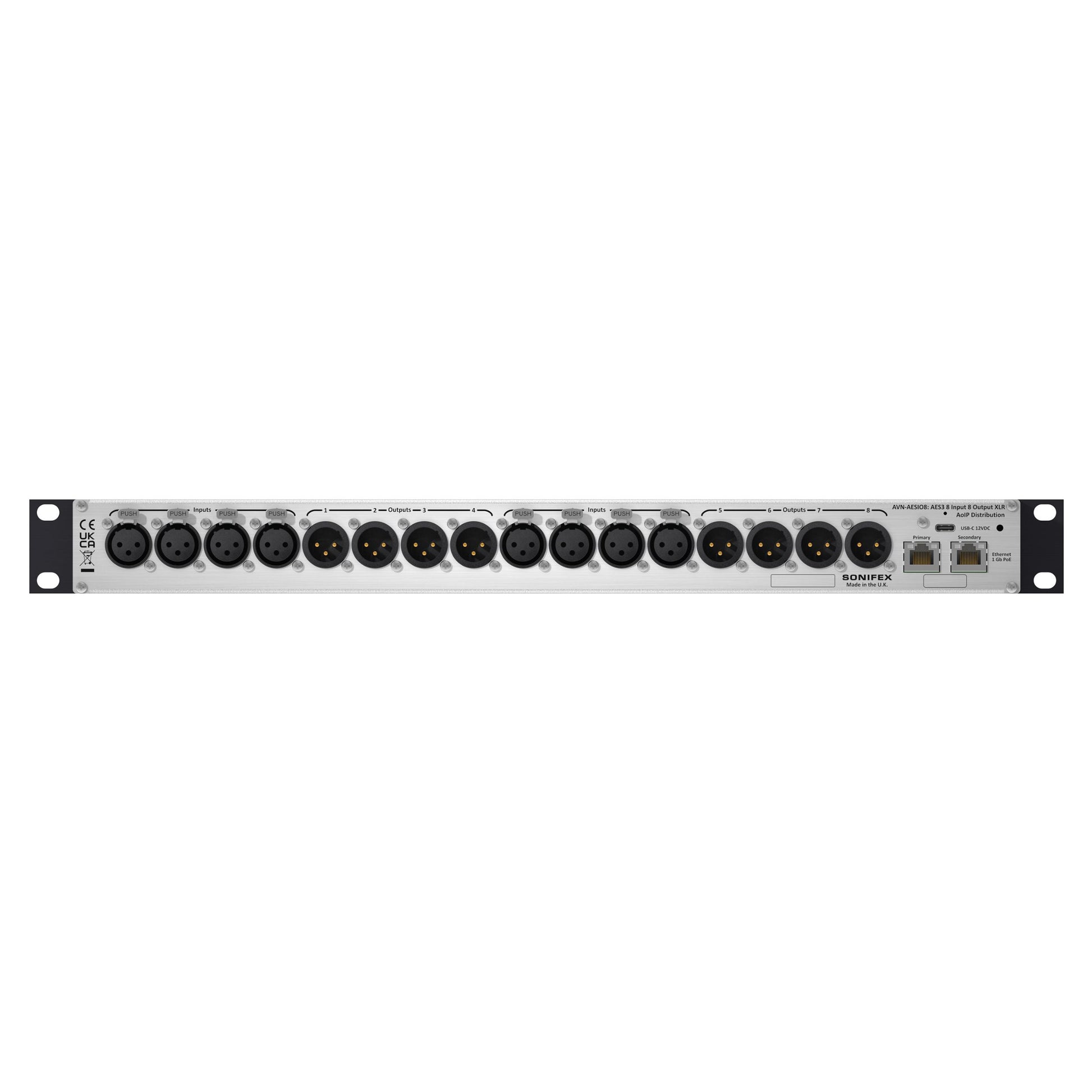 Rear ports view of Sonifex AVN-AESIO8-RAV 8-AES3 I/O XLR RAVENNA Interface on white background