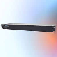 Angled front view of Sonifex AVN-AESIO8-T-DNT 8-AES3 I/O Terminal Block Dante Interface on multicolored background