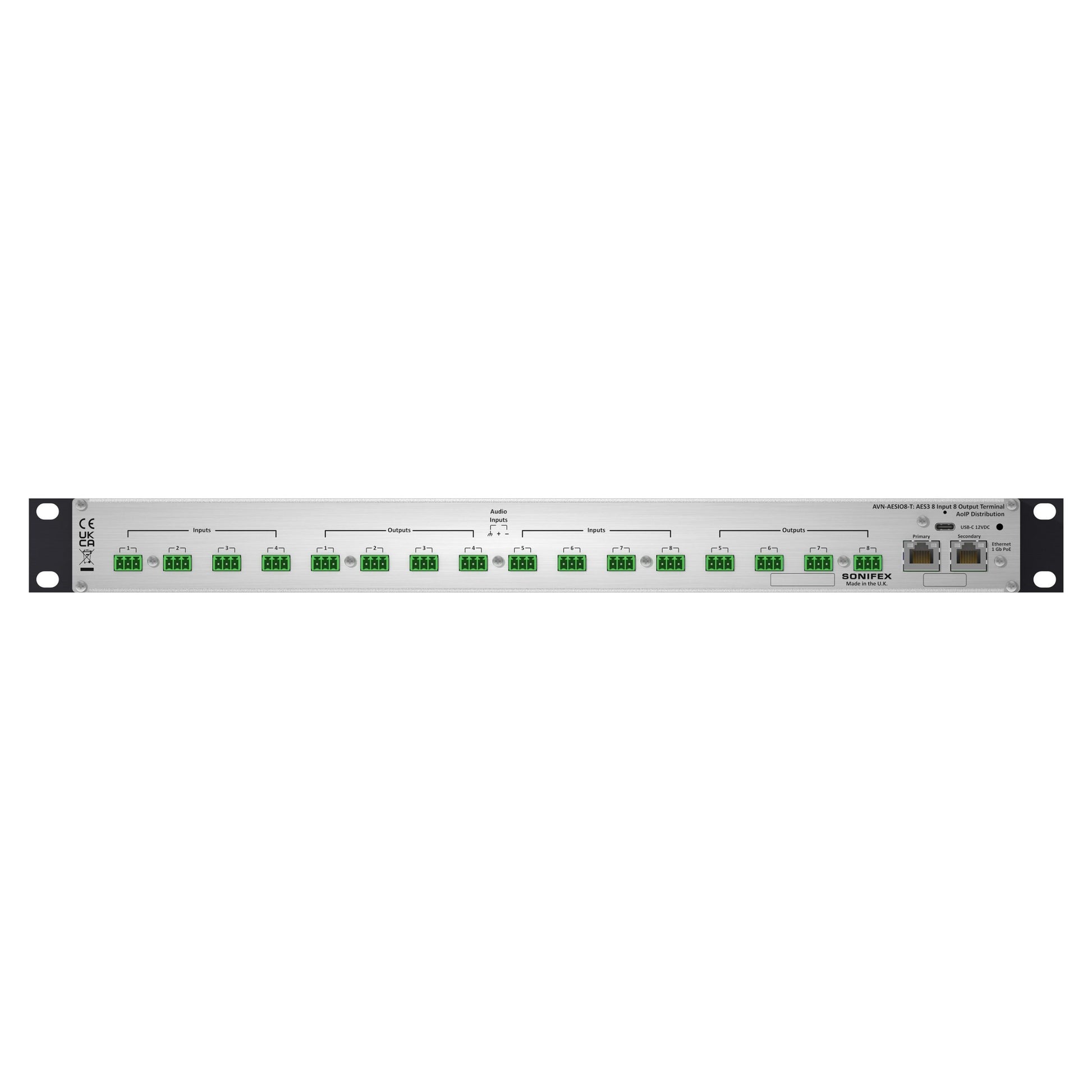 Rear ports view of Sonifex AVN-AESIO8-T-DNT 8-AES3 I/O Terminal Block Dante Interface on white background
