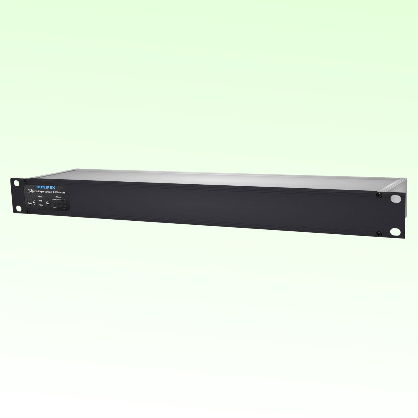 Angled front view of Sonifex AVN-AESIO8-T-RAV 8-AES3 I/O Terminal Block RAVENNA Interface on green background