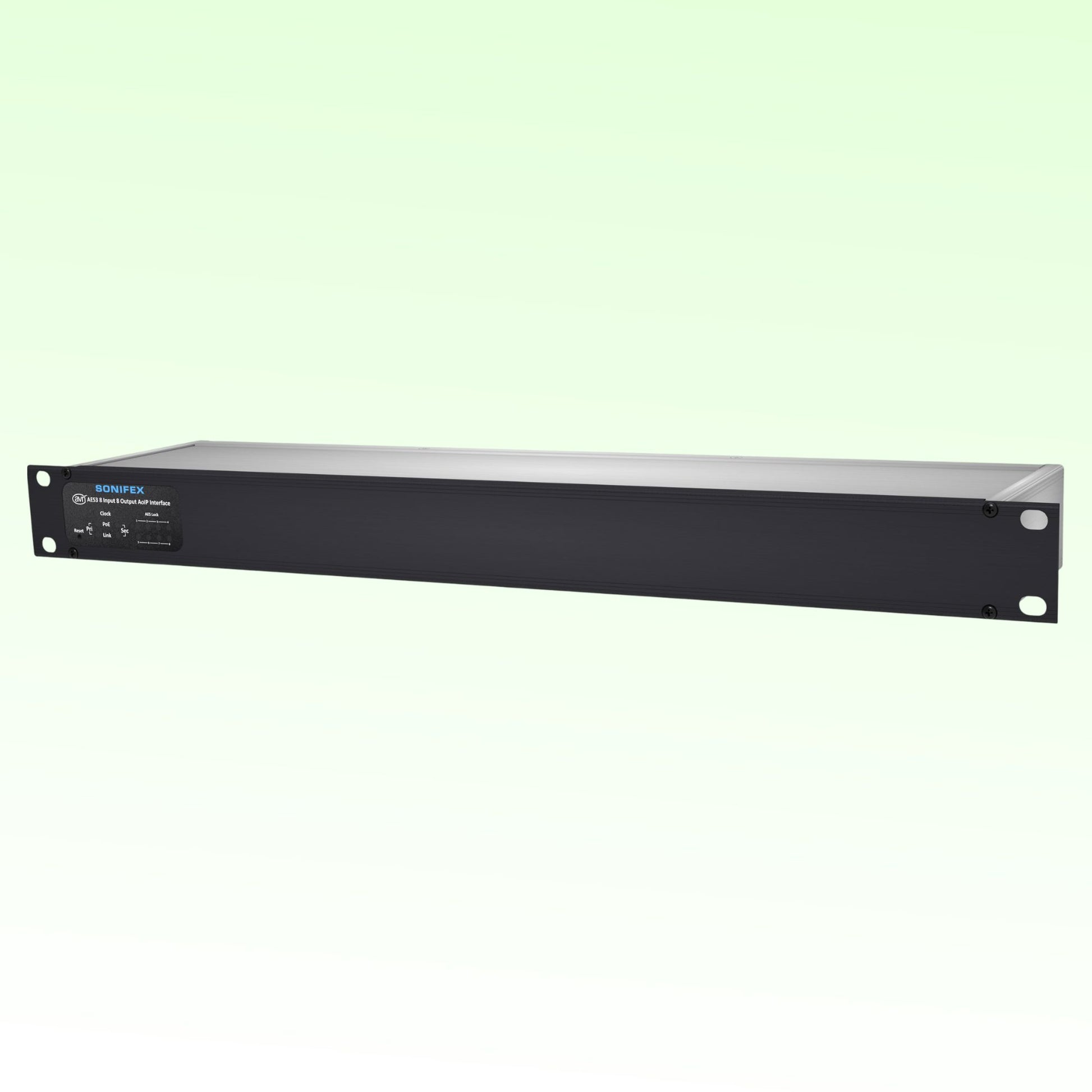 Angled front view of Sonifex AVN-AESIO8-T-RAV 8-AES3 I/O Terminal Block RAVENNA Interface on green background