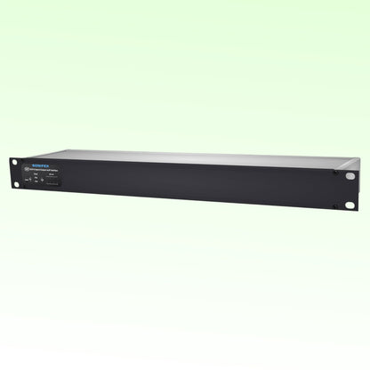 Angled front view of Sonifex AVN-AESIO8-T-RAV 8-AES3 I/O Terminal Block RAVENNA Interface on green background