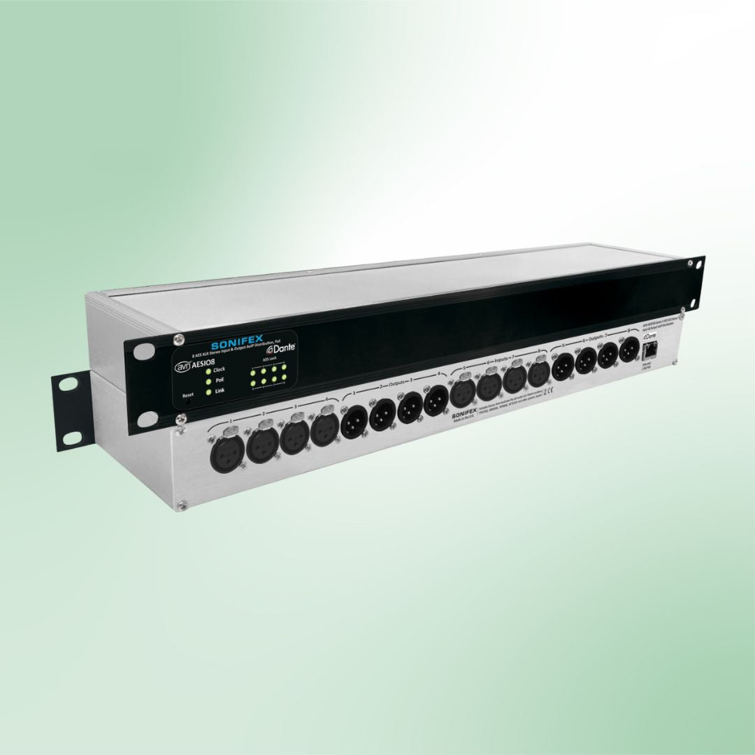Pair of Sonifex AVN-AESIO8 stacked displaying front and rear panels on green background