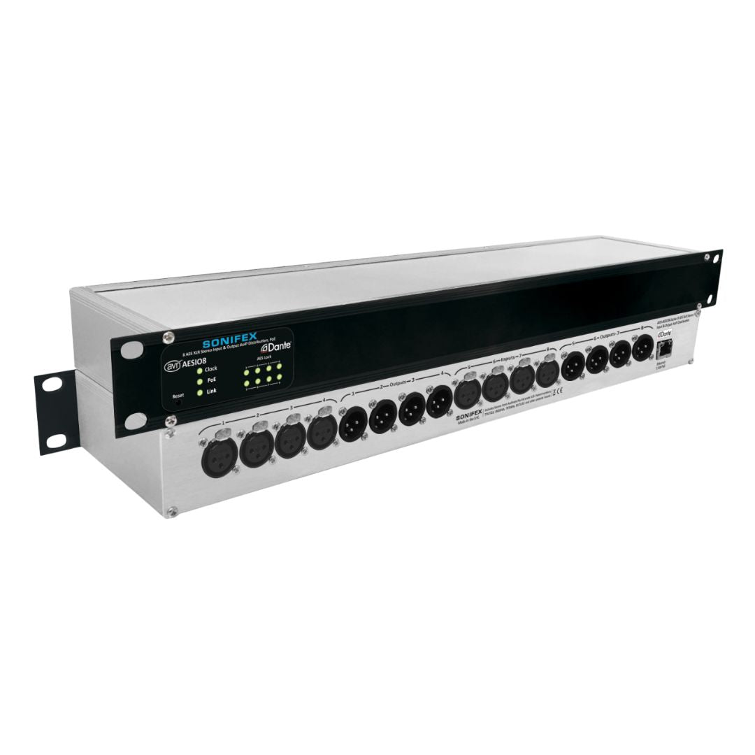 Pair of Sonifex AVN-AESIO8 stacked displaying front and rear panels on white background