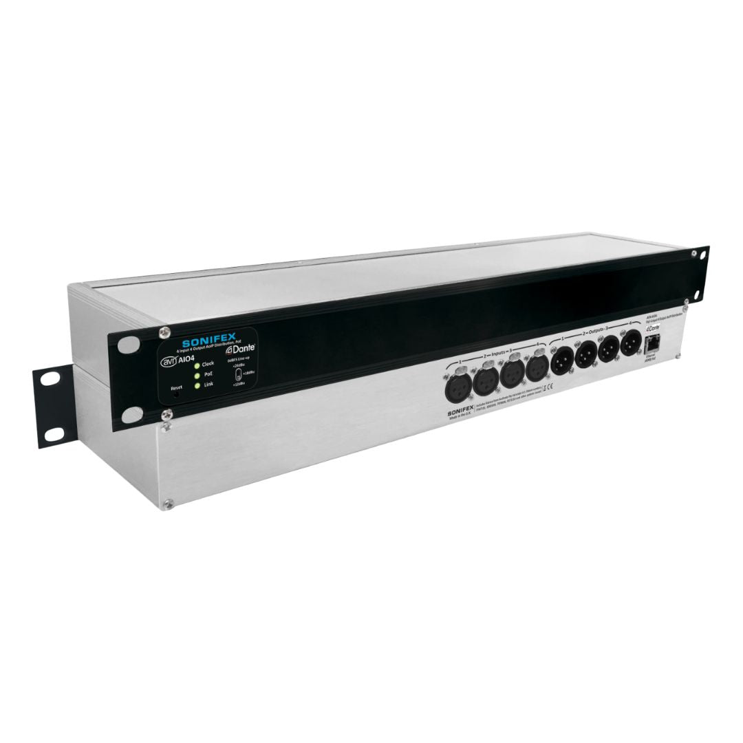 Pair of Sonifex AVN-AI04 stacked displaying front and rear panels on white background