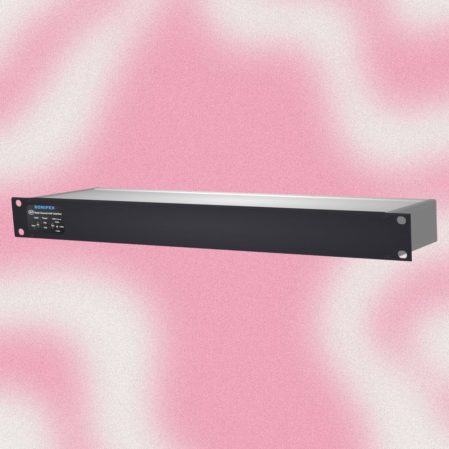 Angled front view of Sonifex AVN-AI16-DNT 16-Input XLR Dante Interface on pink background