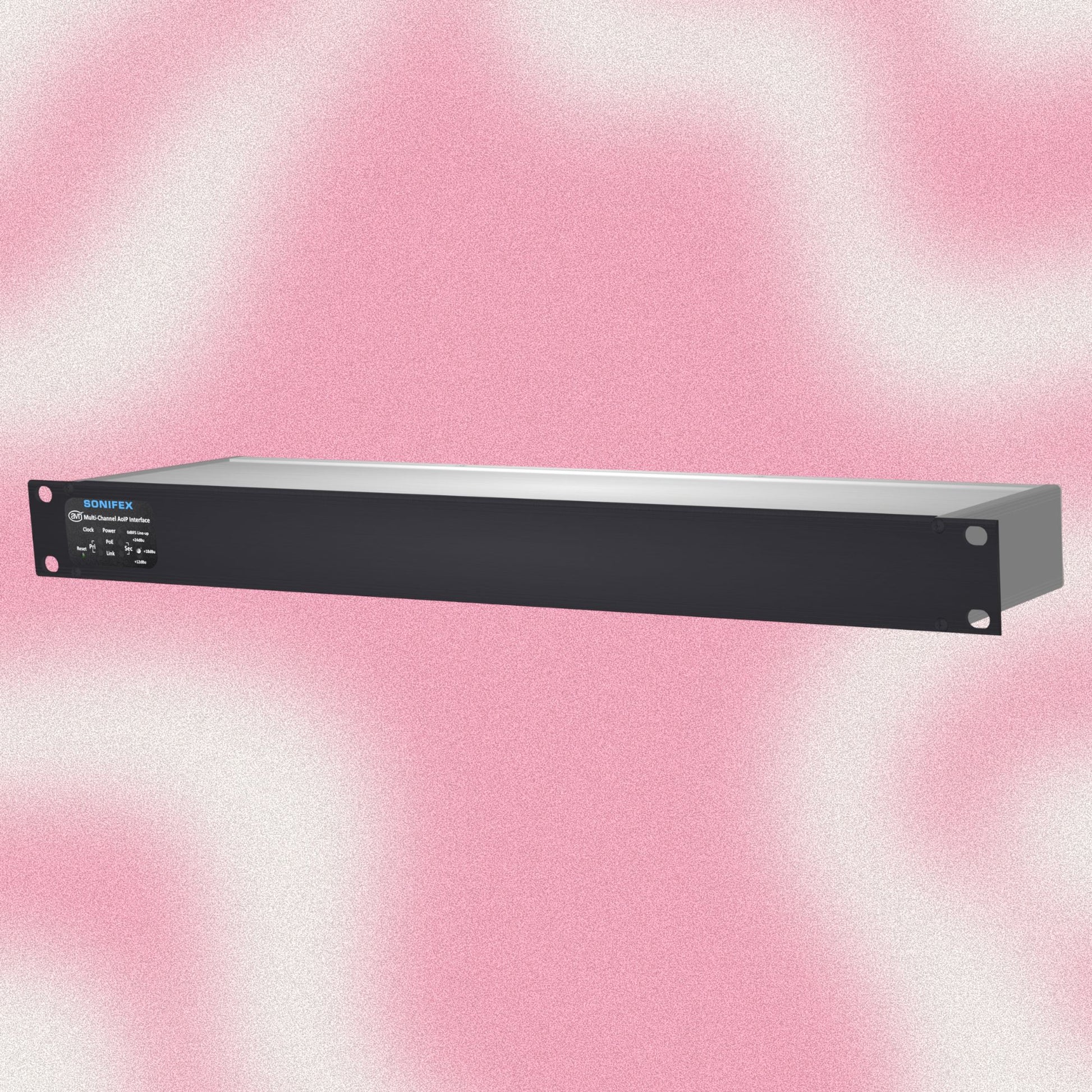 Angled front view of Sonifex AVN-AI16-DNT 16-Input XLR Dante Interface on pink background